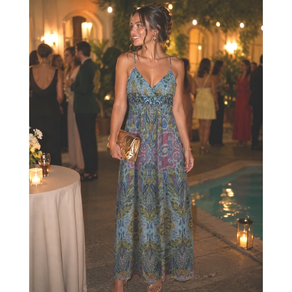 Adrianna Papell Silk Paisley Beaded Maxi Dress Turquoise Boho Chic Wedding Sz 6